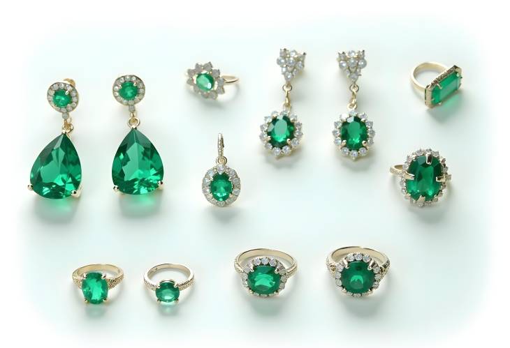 Chic Emerald Earrings and Rings Collection on White Background