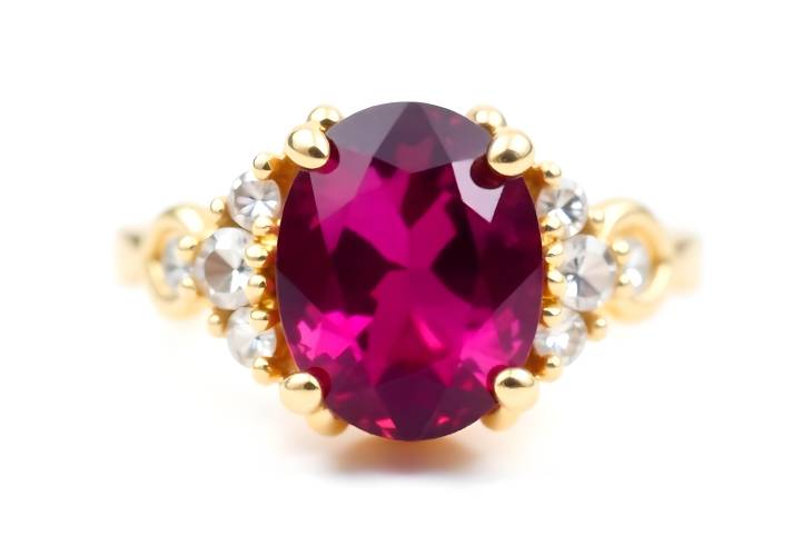 Stylish Rhodolite Garnet and Diamond Ring on White Isolate