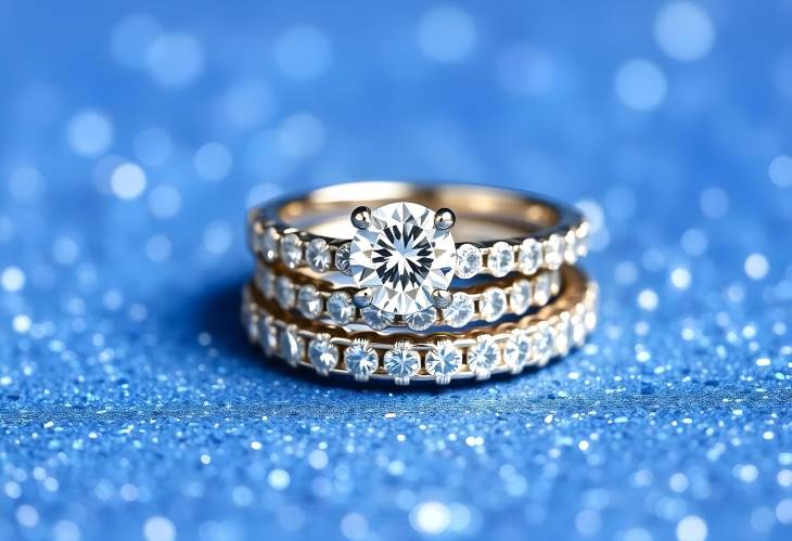 Chic Diamond Stacked Eternity Rings on Blue Sparkle Background