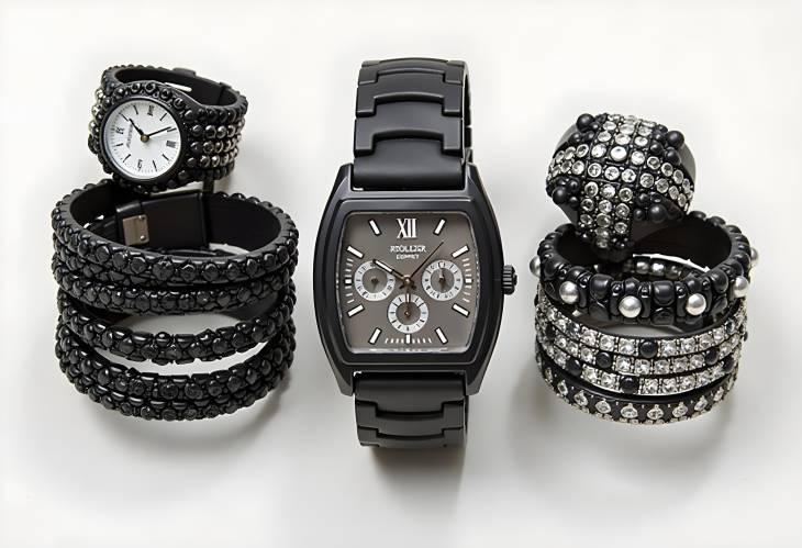 Chic Black Jewelry Fashion Bracelets, Watches, and Rings