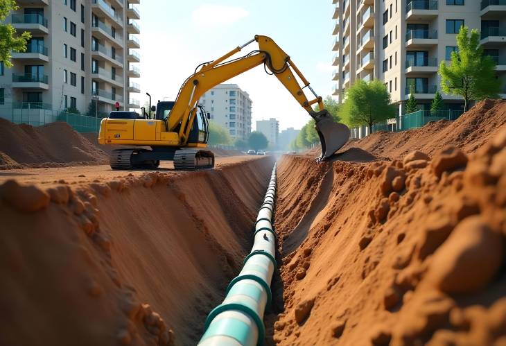 Heavy Equipment at Work Excavator Digging for Sewage Lines