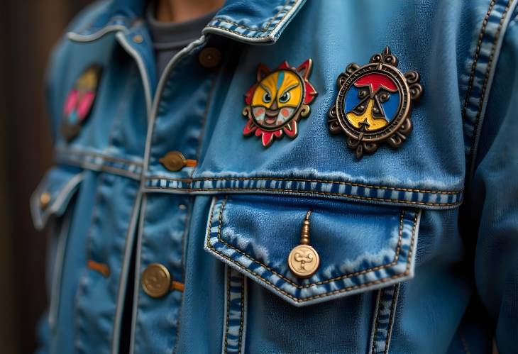 CloseUp of Denim Jacket Adorned with Funky Pins and Badges