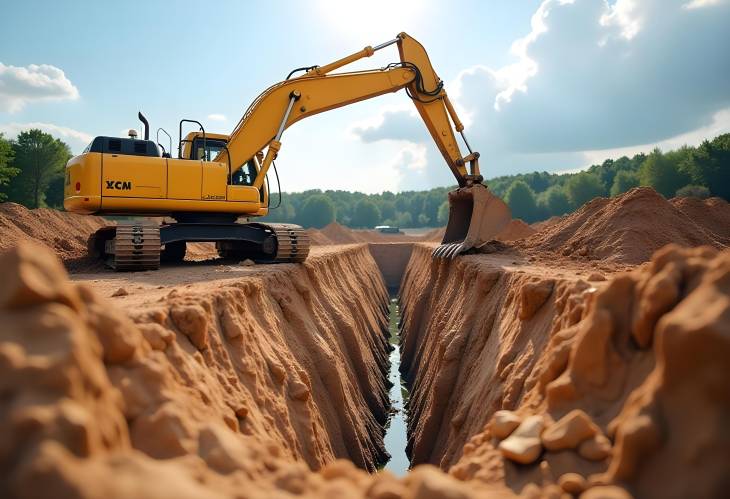 Building Foundations Excavator Digging for Sewer Pipes