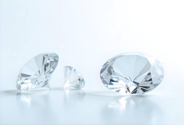 Luxury Cut Diamonds on White Background with Reflections and Copy Space