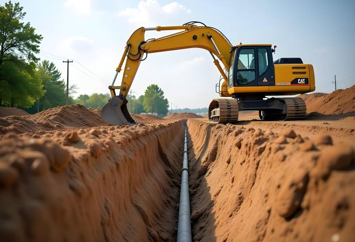 Excavator Work Creating Trenches for Sewer Infrastructure