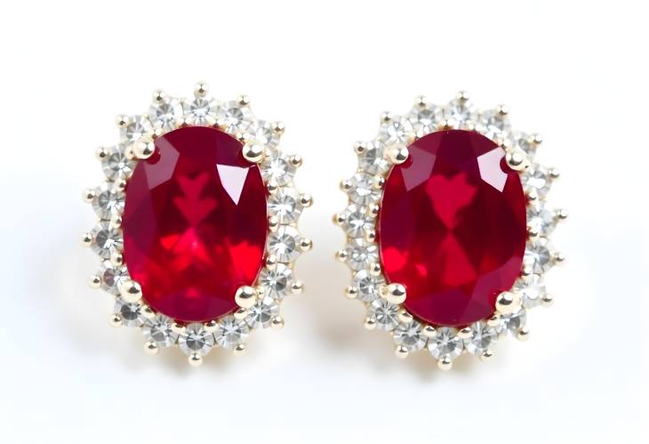 Gorgeous Red Ruby Earrings with Diamond Surround on White Background