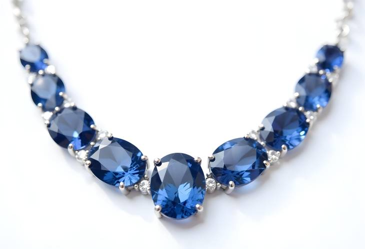 Artistic Blue Sapphire and Diamond Necklace on White Background