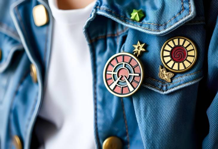 Stylish Denim Jacket with Graphic Pins and Funky Accessories CloseUp