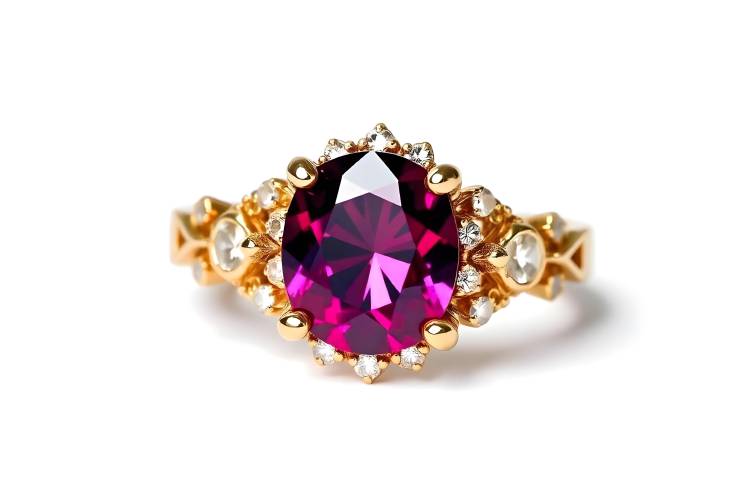 Luxurious Rhodolite Garnet Ring with Diamonds on White Isolate