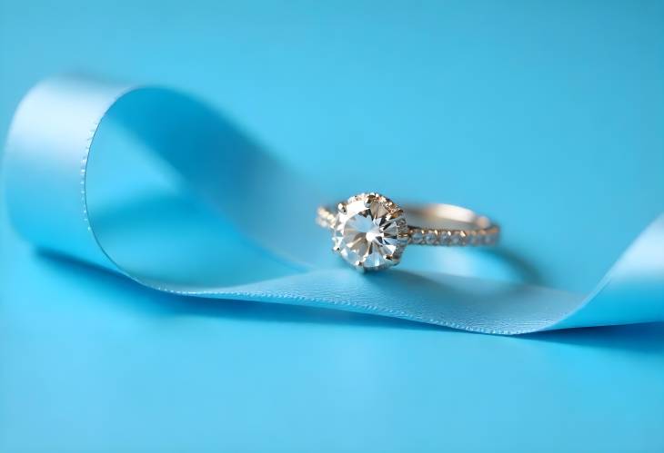 Elegant Diamond Ring Displayed on a Blue Ribbon Background