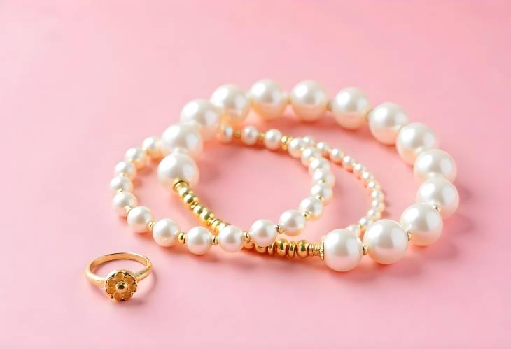 Elegant Pearl Golden Bracelets and Ring on Pink Background