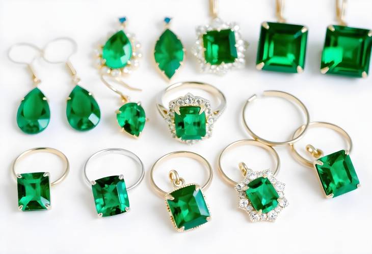 Stunning Emerald Earrings and Rings Arranged on White Background