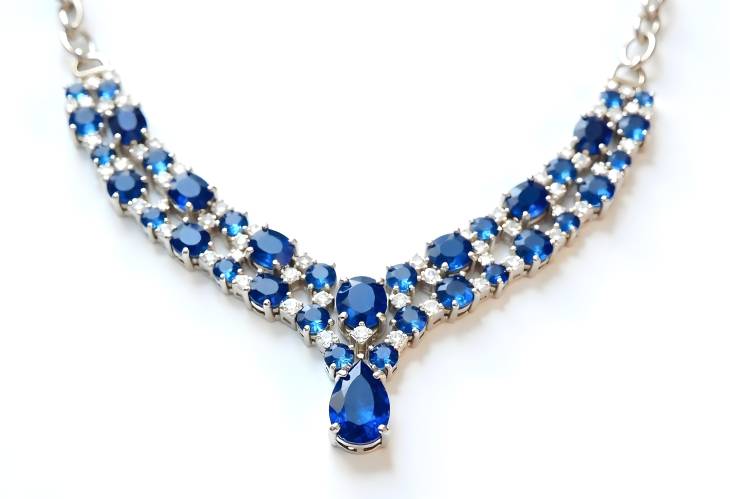 Artistic Blue Sapphire and Diamond Necklace on White Background