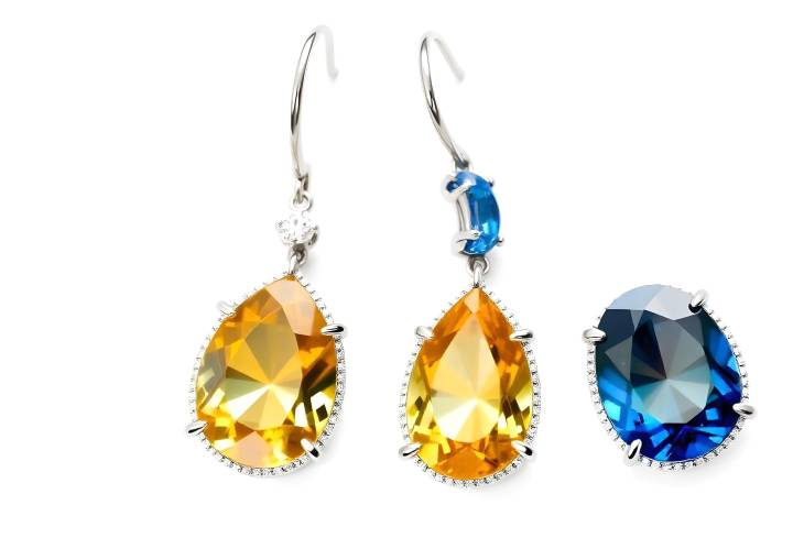 Glamorous Blue and Yellow Sapphire Earrings with Diamond Shine