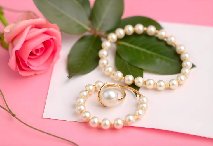 Dazzling Pearl Golden Jewelry on Pink Background Setup