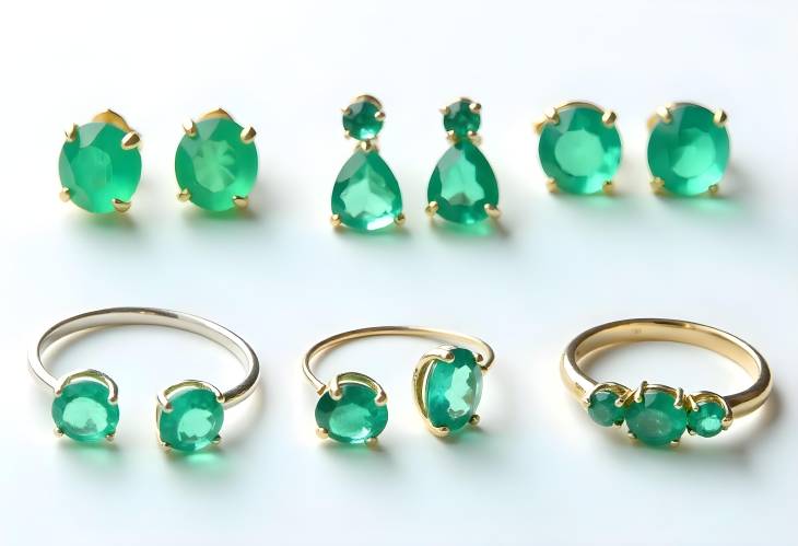 Radiant Emerald Earrings and Rings Arranged on White Background