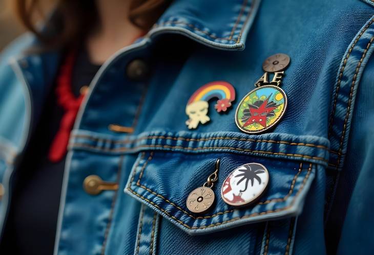 Denim Jacket CloseUp Featuring Cool Graphic Pins and Badges