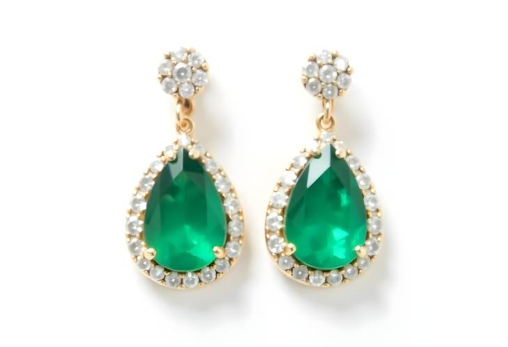 Gorgeous Green Emerald and Diamond Earrings in Pear Design