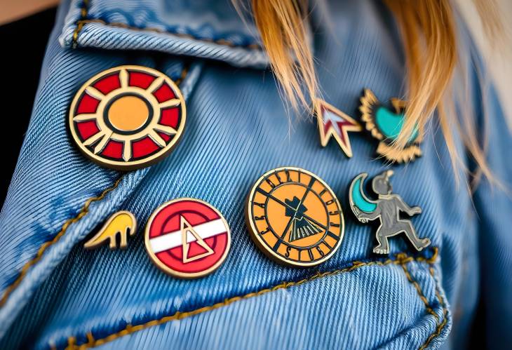 Cool and Funky Graphic Pins on Denim Jacket CloseUp