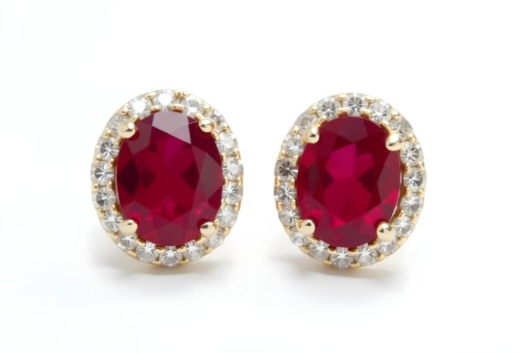 Radiant Ruby Earrings with Diamond Surround on White Background