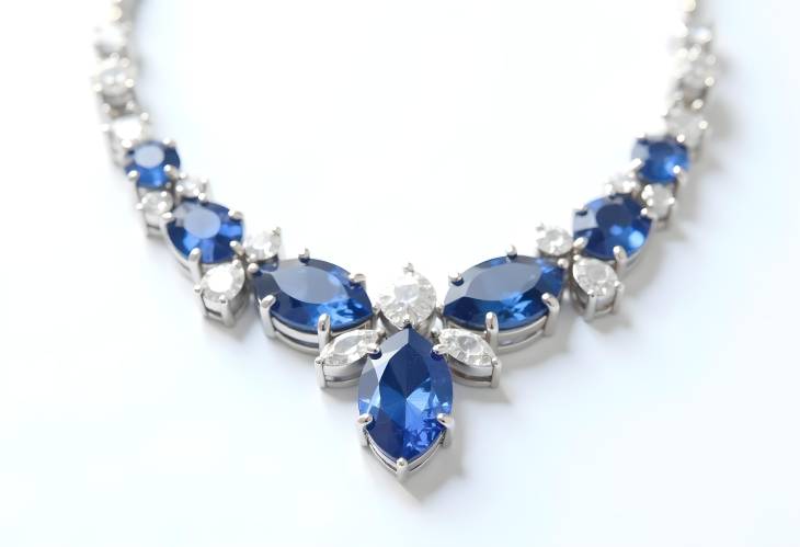 Glamorous Blue Sapphire and Diamond Necklace on White Isolate