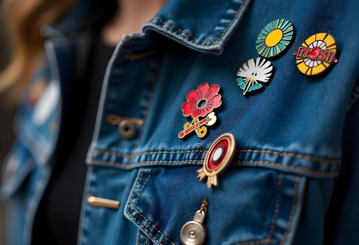 Denim Jacket Embellished with Funky Pins and Badges A CloseUp