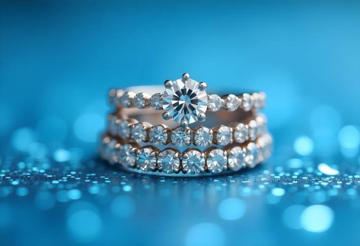 Artistic Diamond Stacked Eternity Rings on Blue Glitter Background