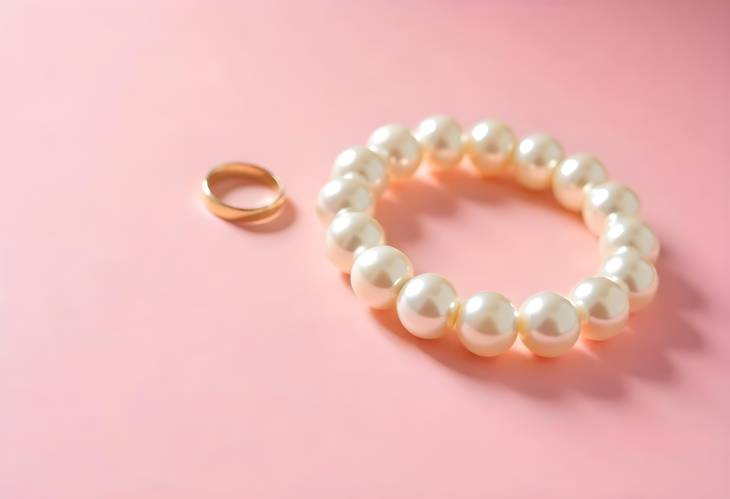 Trendy Pearl Bracelets and Ring on Pink Paper Background