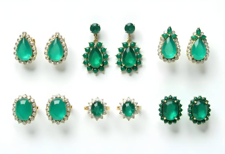 Captivating Emerald Earrings and Rings on White Background