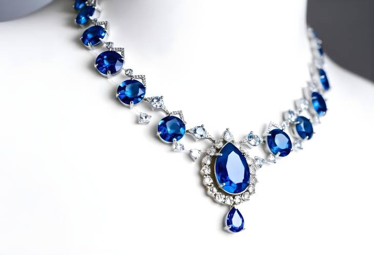 Unique Blue Sapphire and Diamond Necklace Isolated on Clean White Background