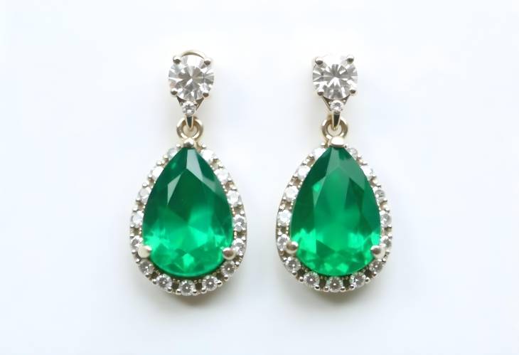 Gorgeous Pear Shape Drop Earrings with Green Emerald and Diamonds