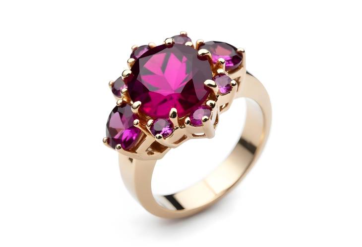 Beautiful Rhodolite Garnet Ring with Diamonds on White Background