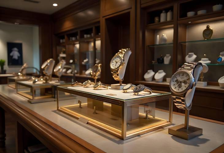 Captivating Watch Displays Glamorous Timepieces in Shop Settings