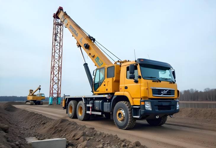 Construction Scene Truck Crane at Hydropower Site in Grodno