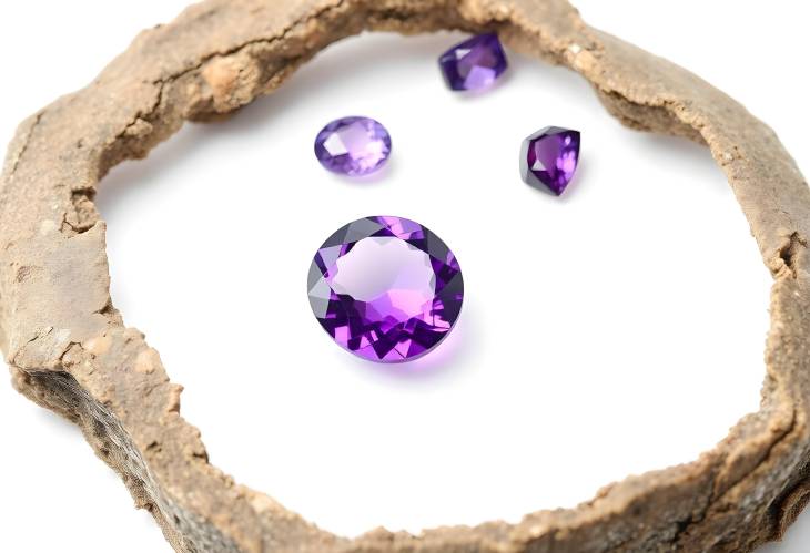 Glamorous Amethyst Gemstone Round and Oval Cuts on White Background