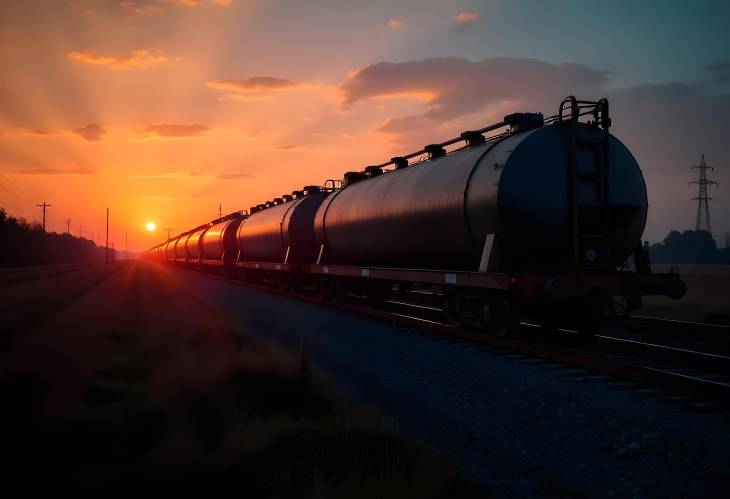 Silhouetted Fuel Tanks A Rail Transport Scene