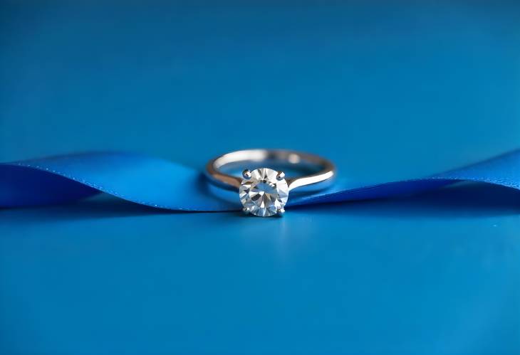 Glamorous Diamond Ring on Blue Ribbon Background