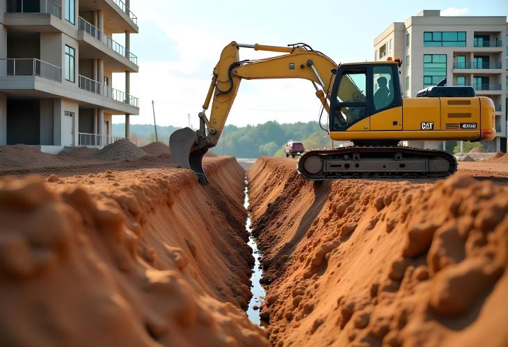 Excavator Operations Digging Trenches for Sewer Infrastructure