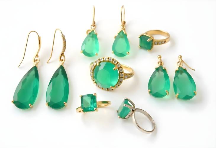 Glamorous Emerald Earrings and Rings on White Background