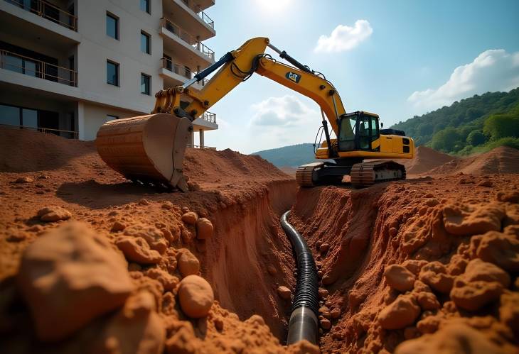 Excavator in Action Digging Trenches for Sewage Systems