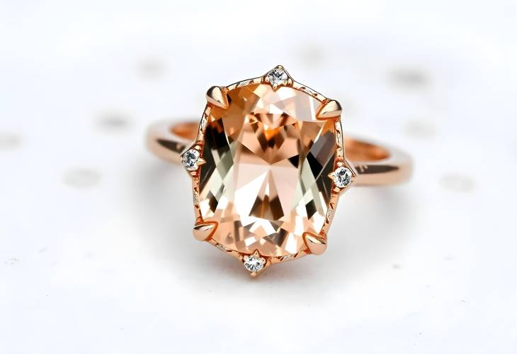 Stylish Morganite Ring in Rose Gold with Diamonds on White Isolate