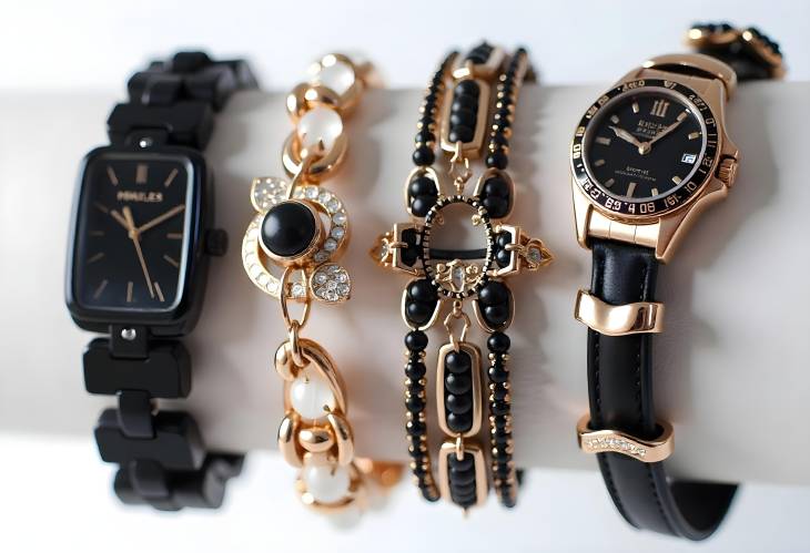 Glamorous Black Jewelry Collection Bracelets, Watches, and Rings