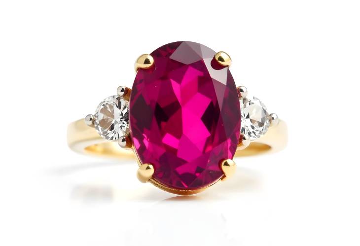 Radiant Rhodolite Garnet Ring with Diamonds Isolated on White Background