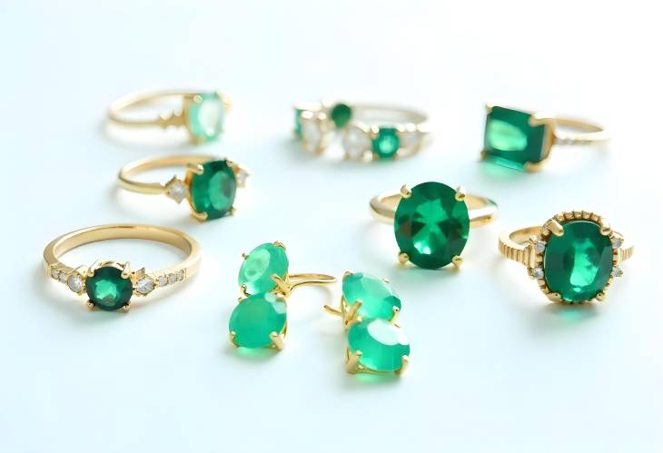 Vibrant Emerald Earrings and Rings Collection on White Background