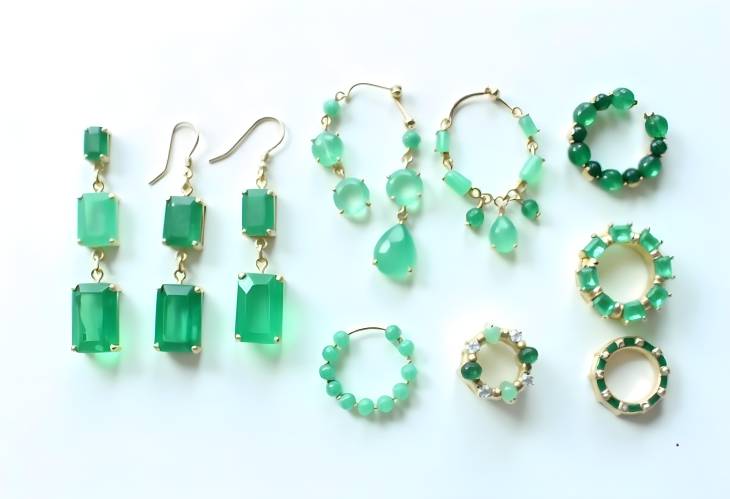 Charming Group of Emerald Earrings and Rings on White Background